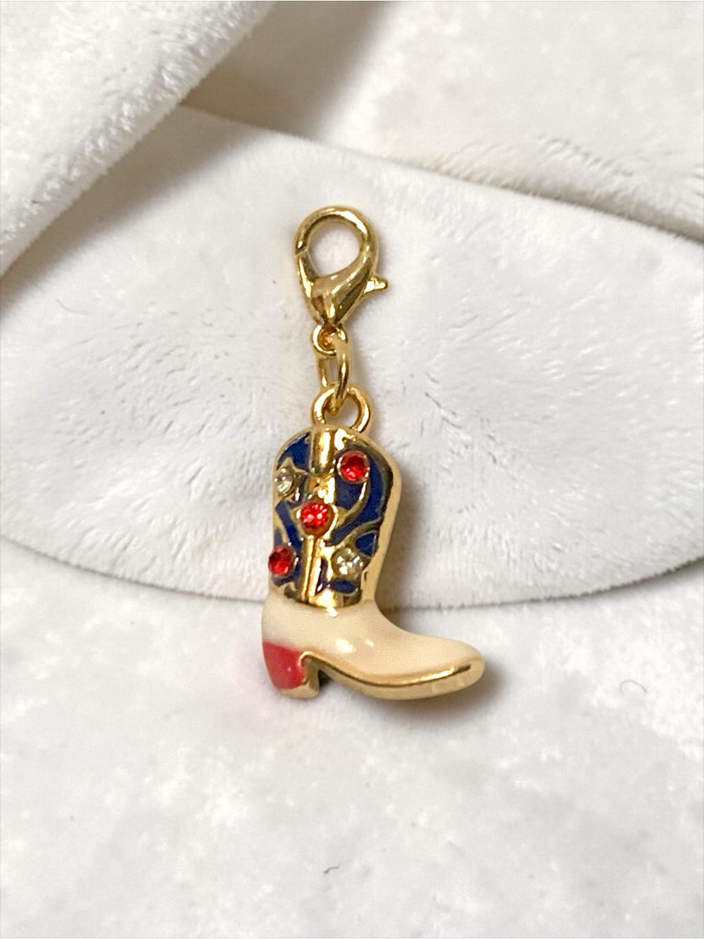 Gold-Tone Cream & Navy Cowboy Boot Key Charm with Red Accents Handmade - Picture 3 of 5